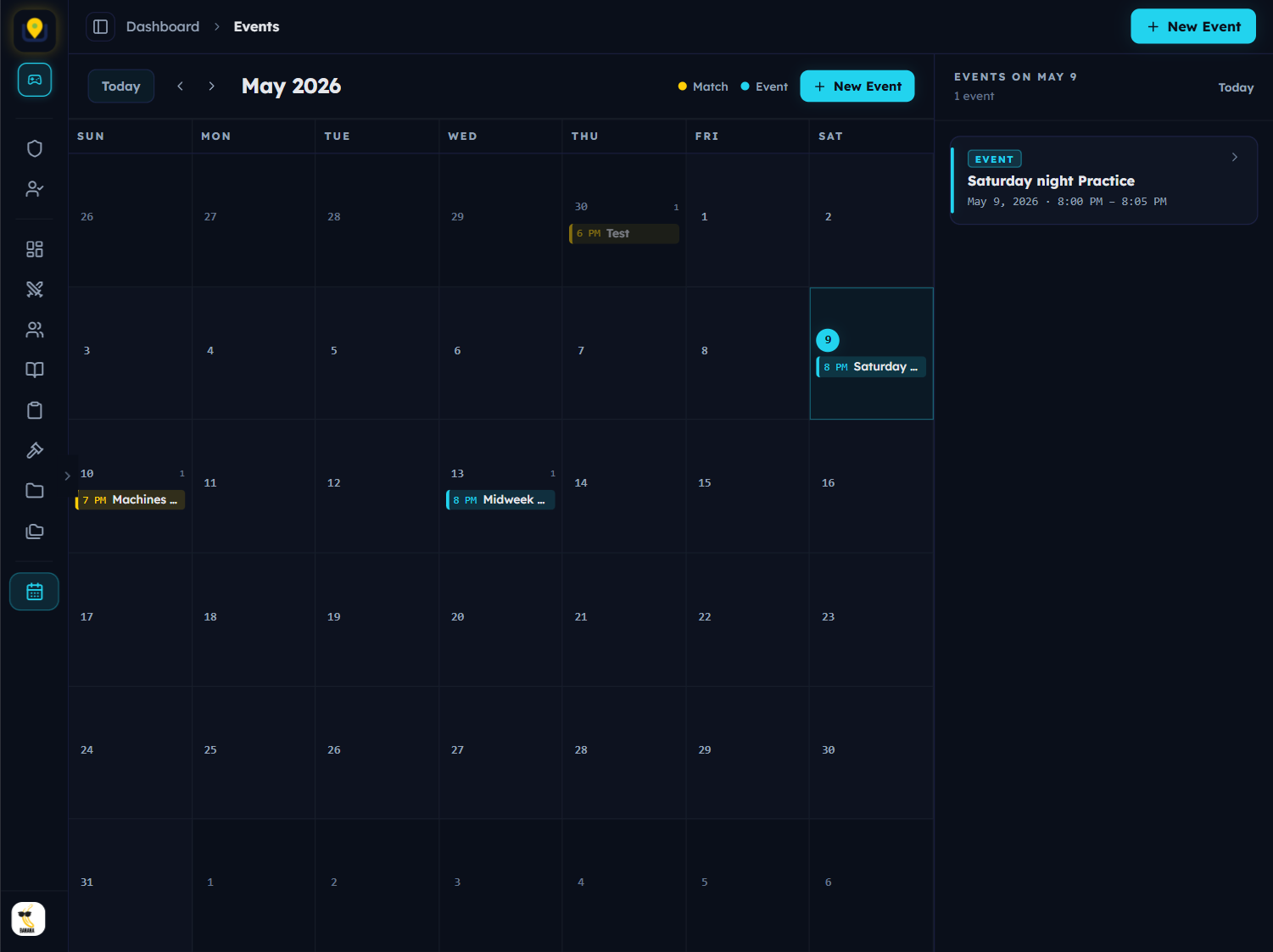 Events calendar with color-coded event chips and side panel