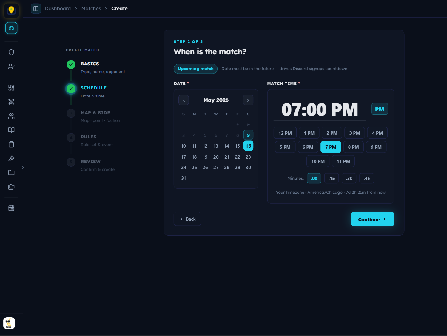 Create-match wizard with stepper, form panels, and map preview