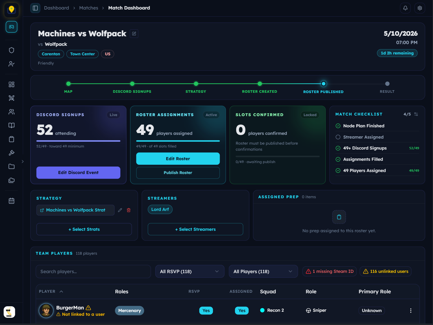 Match dashboard with tactical map, squad lineup, and confirmation feed